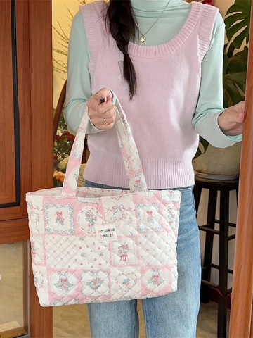 Borsa Tote Trapuntata In Cotone Da Donna Grande Capacità Stampa Floreale Orso Borsa A Spalla Per Scuola Lavoro Dolce Morbida