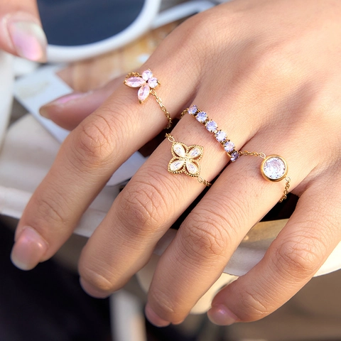 Stainless Steel Adjustable Chain Ring For Women PVD Gold Plated Waterproof Rhinestone Butterfly Geometric Finger Ring Jewelry