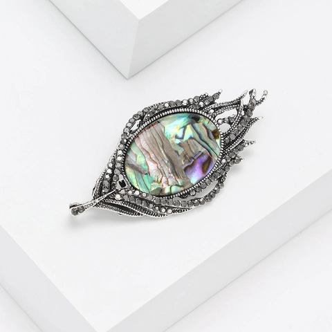 Broche De Pluma Vintage Concha De Abulón Natural Aleación Diamantes De Imitación Joyería De Hoja Para Mujeres