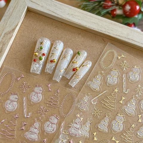 Christmas Nail Art Stickers 3D Embossed Gold Bronzing Snowman Christmas Tree Snowflakes Bow Designs For Holiday Manicure