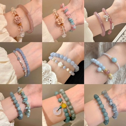 Handmade Beaded Bracelet For Women Natural Stone Aquamarine Color Crystal Floral Shell Charm Elastic Elegant Jewelry Gift
