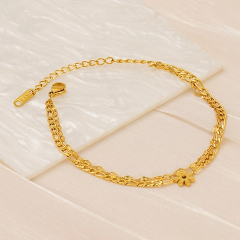 Zweilagiges Blumen Armband 18K Vergoldet Edelstahl Figaro Kette Verstellbarer Schmuck Für Damen