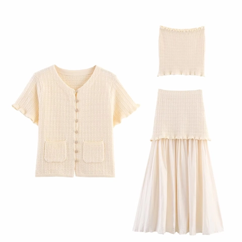 Women 3 Piece Skirt Set Waffle Knit Short Sleeve Cardigan Bandeau Top And Patchwork Pleated Midi Skirt Casual Chic