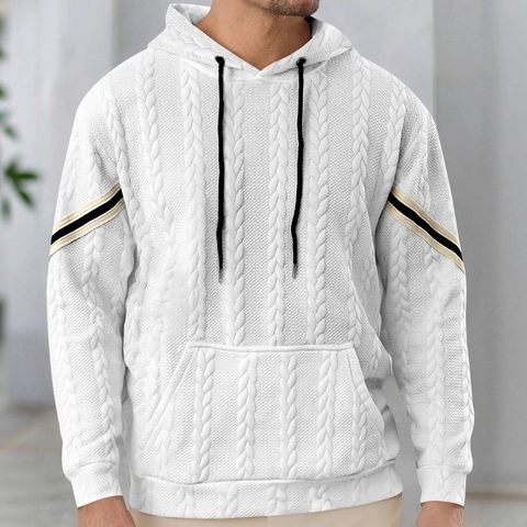 Herren Strickpullover Mit Kapuze Zopfmuster Gestreifte Ärmel Kängurutasche Kordelzug Lässiges Kapuzensweatshirt