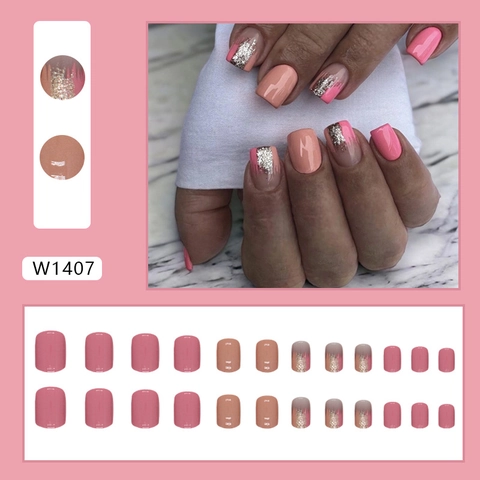 Uñas Postizas Press On Cortas Cuadradas Rosa Vibrante Amarillo Bloqueo De Color Brillantes Plata Purpurina Para Mujeres