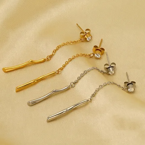 Orecchini Lunghi Con Nappa In Acciaio Inossidabile Placcati Oro 18K Forma Di Ramo Barra Ondulata Zircone Gioielli Per Donne