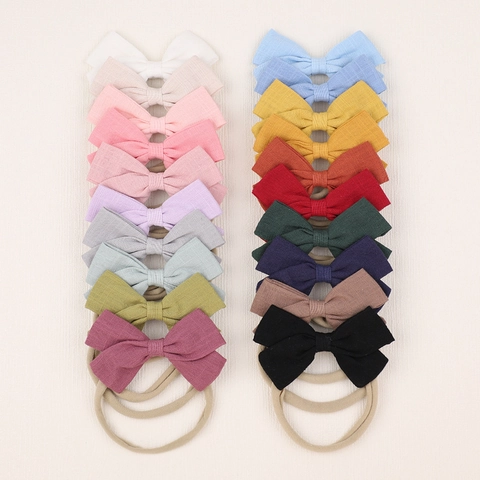 Handmade Baby Bow Headband Soft Elastic Nylon Hair Band For Infants Toddlers Slub Cotton Solid Color Hair Accessories