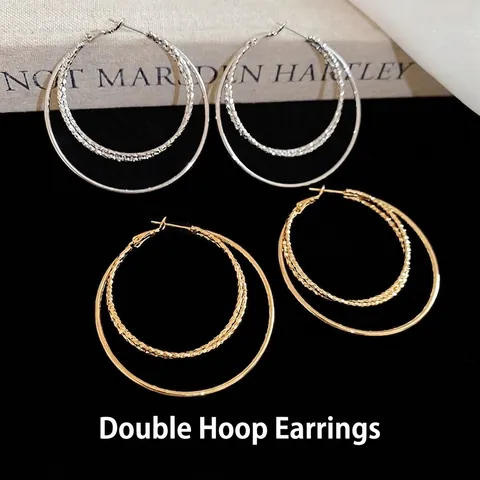 Triple Layer Hoop Earrings Women 18K Gold Plated Geometric Textured Circle Dangle 925 Sterling Silver Earring Post