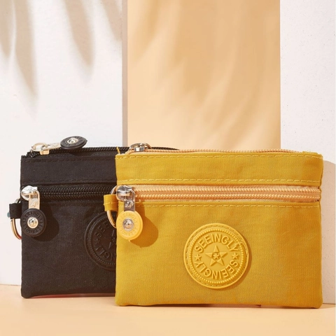 Mini Porte-monnaie En Nylon Double Fermeture Éclair Petit Portefeuille Étanche Portable Avec Anneau Porte-clés Couleur Unie