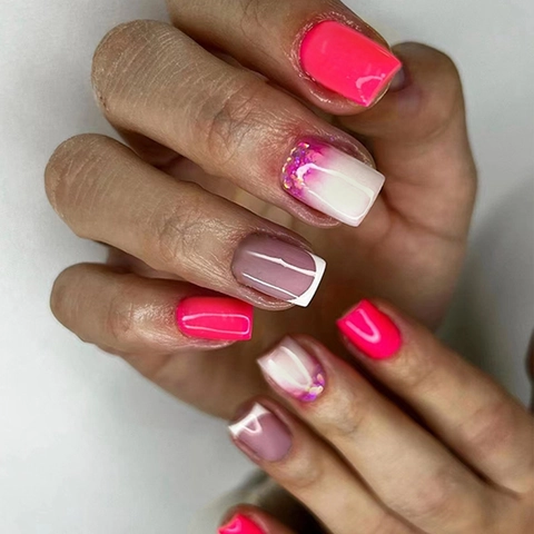 Faux Ongles Cercueil Rose Rouge Pailleté Mi-Longs Style Français Brillant Ongles À Presser Pour Femmes