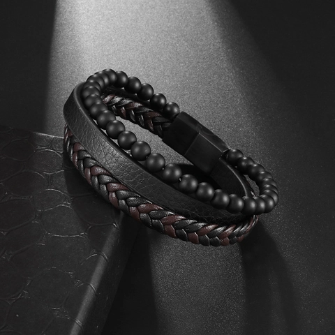 Herren Mehrlagiges Armband Natursteinperlen Geflochtenes Leder Magnetverschluss Vintage Punk Modeschmuck Schwarz