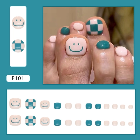 Press On Toenails Fake Toe Nails Smile Face Checkerboard Pattern Square Short Glossy Cute Artificial Foot Manicure For Women Girls