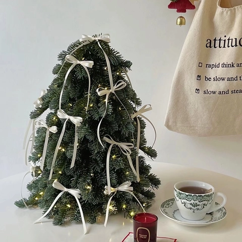 Mini Artificial Christmas Tree PE Simulated Noble Pine Desktop Decoration With LED String Lights And Velvet Bows