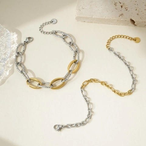 Heart Charm Stainless Steel Bracelet Two Tone Gold Silver Interlocking Chain Geometric Beaded Jewelry For Women