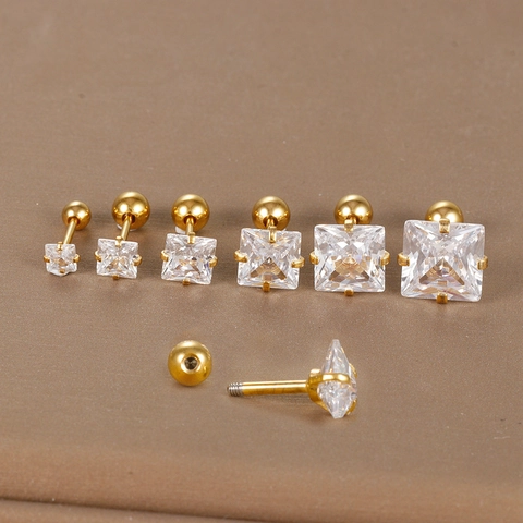 Pendientes De Botón Circonita Cuadrada Acero Inoxidable Cierre Bola De Rosca Joyería Piercing Simple Elegante Mujer Hombre