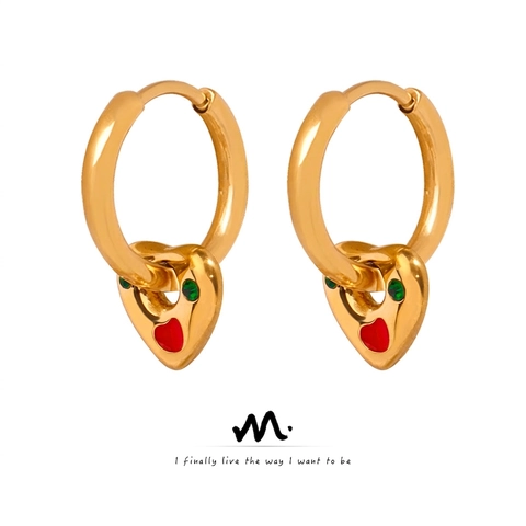 Orecchini A Cerchio Con Cuore Acciaio Inossidabile Con Zircone Verde E Smalto Rosso Gioielli Oro Per Donna