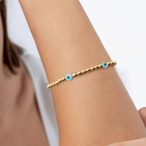 Evil Eye Perlenarmband Natürliche Muschel Und Vergoldete Kupferperlen Elastischer Böhmischer Ethno Schmuck Für Damen