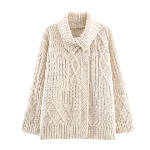 Cardigan En Maille Torsadée Pull Grand Col À Revers Boutonné Manches Longues Épais Chaud Rétro Décontracté Coupe Ample Femmes