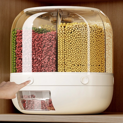 Rotating Cereal Dispenser Transparent 6 Grid Grain Storage Container Plastic Moisture Proof Kitchen Food Organizer