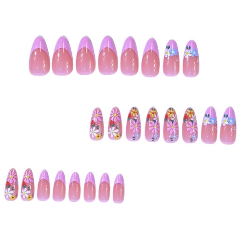 Pink French Press On Nails ABS Plastic Long Almond Shape Floral Daisy Strawberry Sweet Manicure For Women