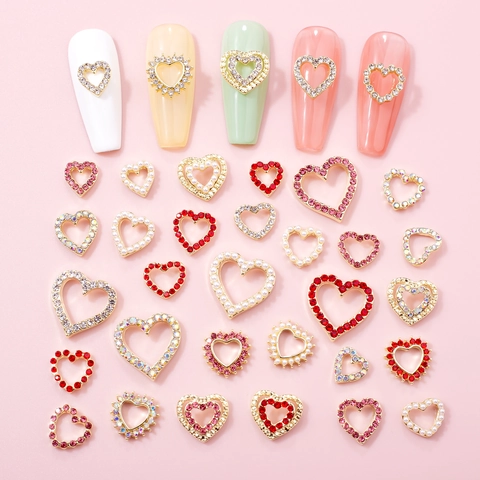 Heart Shaped Nail Art Charms Alloy Rhinestone Artificial Pearl Hollow Design For DIY Manicure Shiny Colorful Decoration