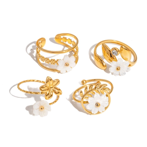 Flower Open Ring 18K Gold Plated Stainless Steel Shell Floral Adjustable Finger Jewelry Chic Summer Vacation Gift For Women