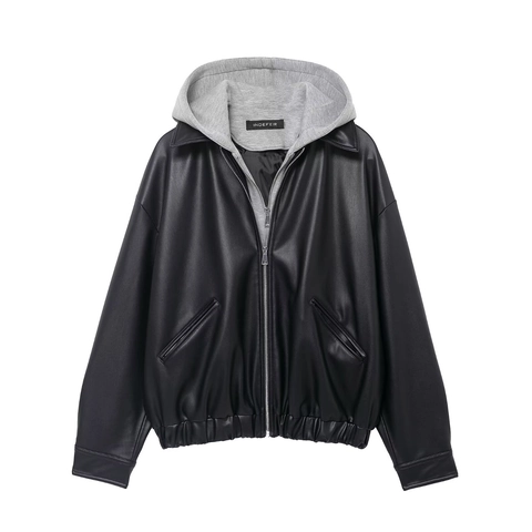 Women Hooded PU Leather Jacket Two Layer Design Grey Knit Hood Zip Up Casual Streetwear Outerwear Fashion Black