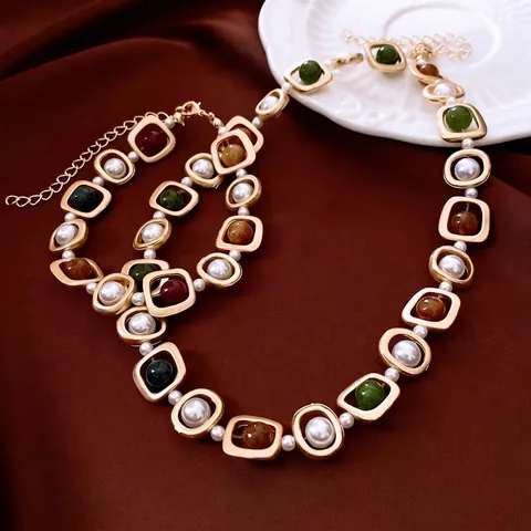Gioielli Corte Francese Vintage Collana E Bracciale Perla Artificial Sintetica Pietre Colorate Geometrico Cavo Lega Placcato Oro Donna