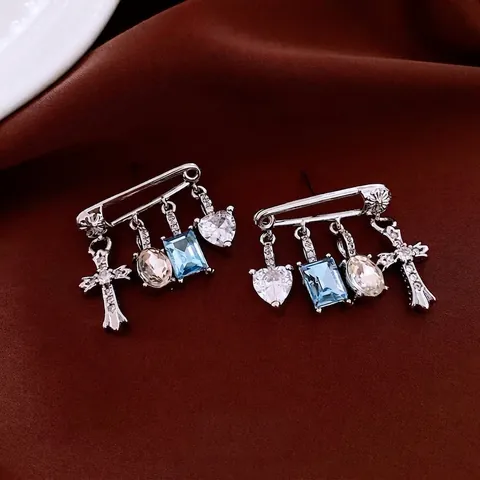 Sicherheitsnadel Hängeohrringe Mit 925 Sterling Silber Ohrstecker Kupfer Zirkon Kreuz Herz Blauem Stein Gothic Punk