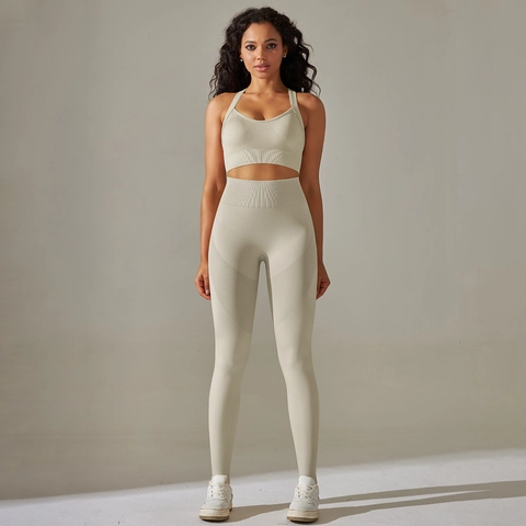 Ensemble De Yoga Sans Couture Tricoté Taille Haute Soutien Gorge Et Leggings Fitness Lifting Fessier Respirant Sport