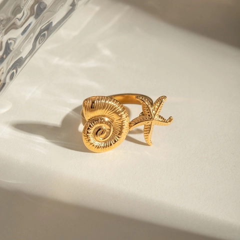 Anello Aperto in Acciaio Inossidabile con Stella Marina e Conchiglia per Donna Stile Oceano Regolabile Placcato Oro Gioielli