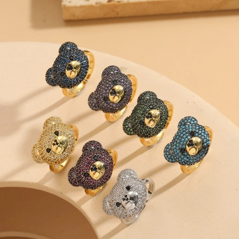 Bear Head Open Ring Copper Cubic Zirconia Adjustable Finger Jewelry Ins Style Luxury Fashion For Women