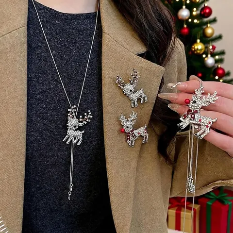 Weihnachts Rentier Schmuck Legierung Strass Funkelndes Hirsch Anhänger Halskette Und Brosche Feiertagsgeschenk Damen