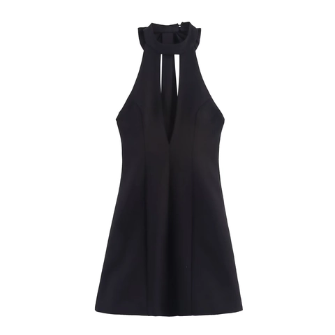 Halter Neck Mini Kleid Polyester Schleife Ärmellos Tiefer V Ausschnitt Elegant Party Clubwear Für Frauen