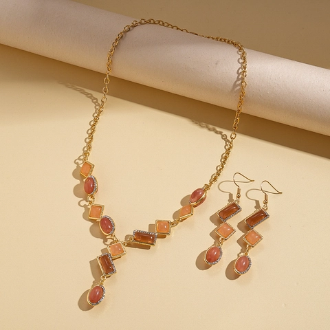 Vintage Geometrisches Harz Straß Legierung Halskette Ohrringe Silver Earring Post Elegante Pulloverkette Damen Schmuck