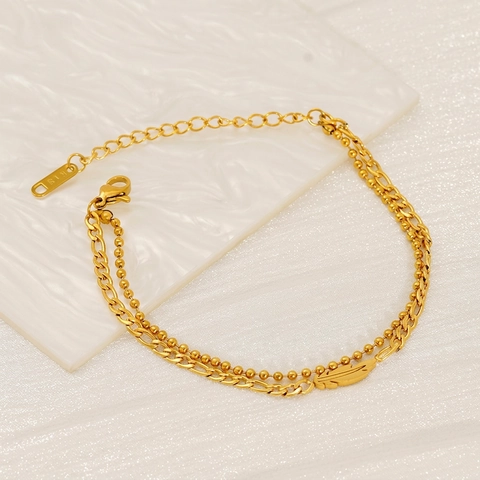 Layered Double Chain Bracelet 18K Gold Plated Stainless Steel Feather Pendant Ball Figaro Chain Jewelry For Women