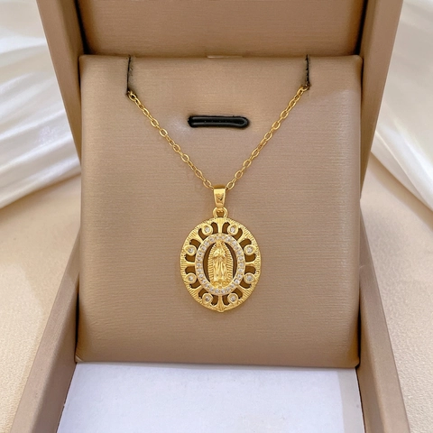 Collar Con Colgante De La Virgen María Chapado En Oro Cadena De Acero Inoxidable Cobre Micro Incrustado Zircón Joyería Religiosa