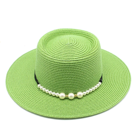 Cappello Di Paglia Boater Donna Nastro Perla Artificial Cupola Piatta Estate Spiaggia Protezione Solare Elegante Viaggio Accessorio