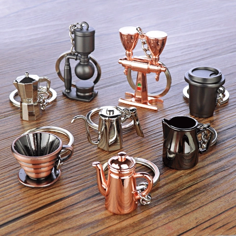 Coffee Tool Keychain Metal 3D Miniature Moka Pot Siphon Espresso Handle Tamper Milk Jug Barista Gift