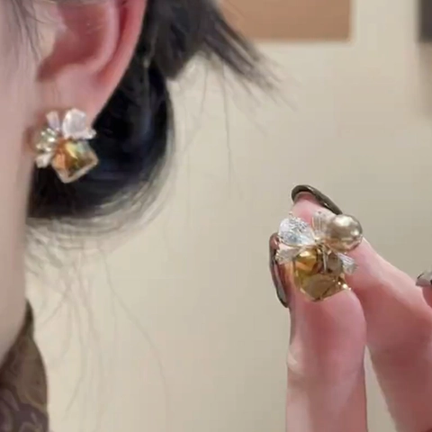 Pendientes De Botón Geométricos Con Perla Artificial Ámbar Gema Diamantes De Imitación Y Poste De Plata De Ley 925