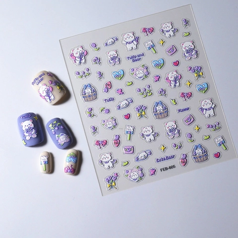 Nail Art Stickers 5D Embossed Cute Bear Tulip Flower Designs Self Adhesive Manicure Decals For Women DIY Decoration