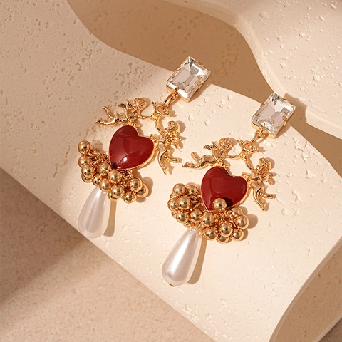 Pendientes Colgantes De Corazón De Cupido Barroco Con Aleación Diamantes De Imitación Perla Artificial Sintética Y Poste De Plata Esterlina 925