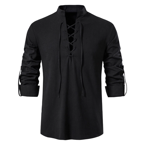 Camisa Henley Casual de Mezcla de Algodón para Hombre Vintage Cuello Mao Cordones Manga Larga Playa Estilo Hippie Boho