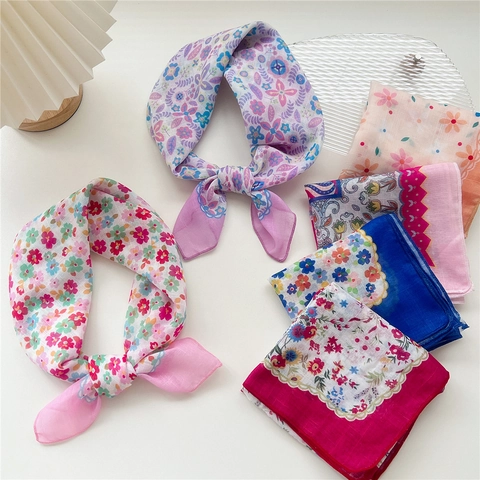 Floral Paisley Square Scarf Cotton Linen Lightweight Breathable Neck Hair Band Handkerchief For Women