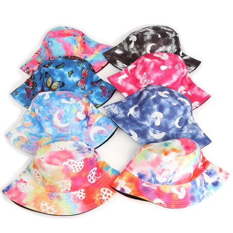 Tie Dye Reversible Bucket Hat Butterfly Mushroom Moon Print Cotton Polyester Sun Protection Fisherman Cap Unisex