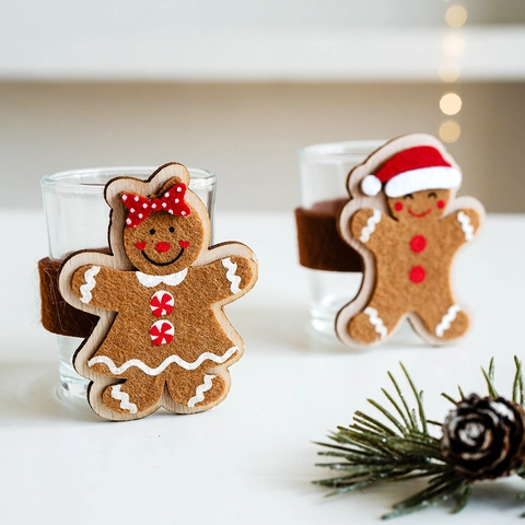 Christmas Gingerbread Man Candle Holder Glass Cup Sleeve Felt Wood Decorative Holiday Table Decor