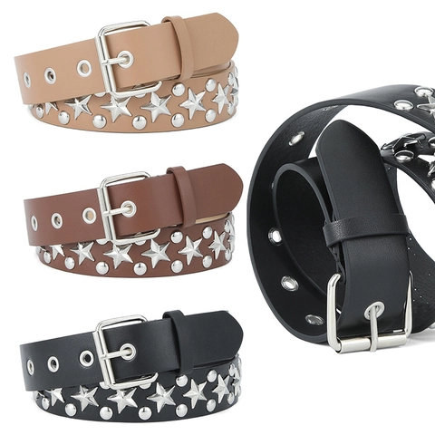 Cinturón De Mujer Moda Cuero PU Estrella Remache Redondo Punk Decorativo Hebilla De Pasador Accesorio