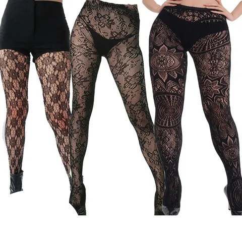 Women Sexy Lace Pantyhose Vintage Sunflower Hollow Out Mesh Tights Slimming High Elastic Fishnet Stockings