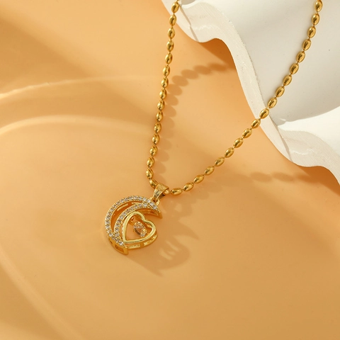 Mond Und Herz Anhänger Halskette 18K Vergoldet Edelstahl Perlenkette Zirkon Rheinstein Eleganter Schmuck Für Damen