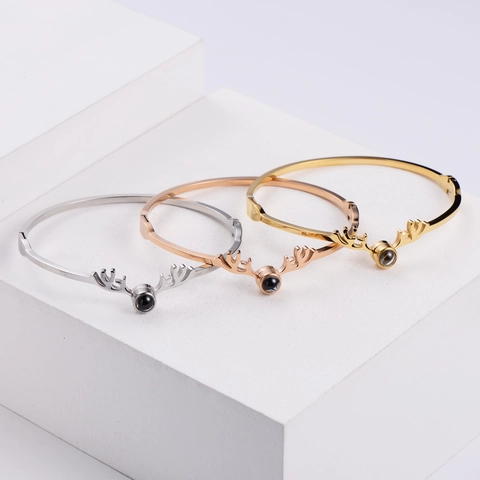 Bracciale Rigido Corna Di Cervo Acciaio Inossidabile 316 Pietra Di Proiezione Gioielli Di Moda Romantici Per Donna